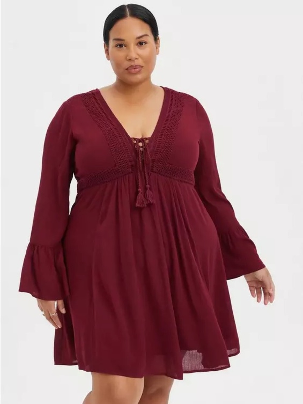 Torrid Burgundy Mini Gauze Lace-Up Skater Dress  1X Plus Size